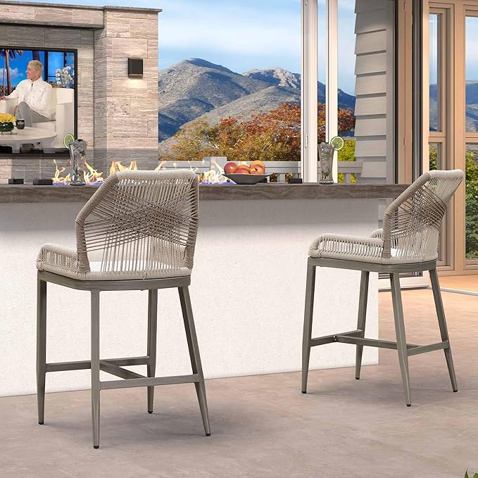 PURPLE LEAF 2 Pieces Counter Height Bar Stools Patio Boho Rattan Barstools Aluminum Woven Bar Chairs with Cushions for Outdoor Kitchen Island Garden