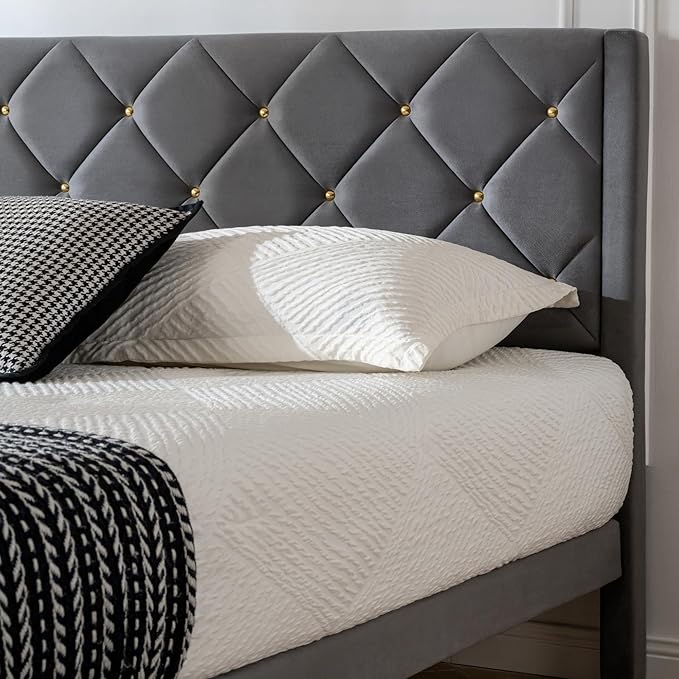 Full Size Platform Bed Frame with Velvet Upholstered Headboard and Sturdy Wooden Slats Support,Mattress Foundation,Easy Assembly, No Box Spring Needed,Slip Resistant (Grey, Full)