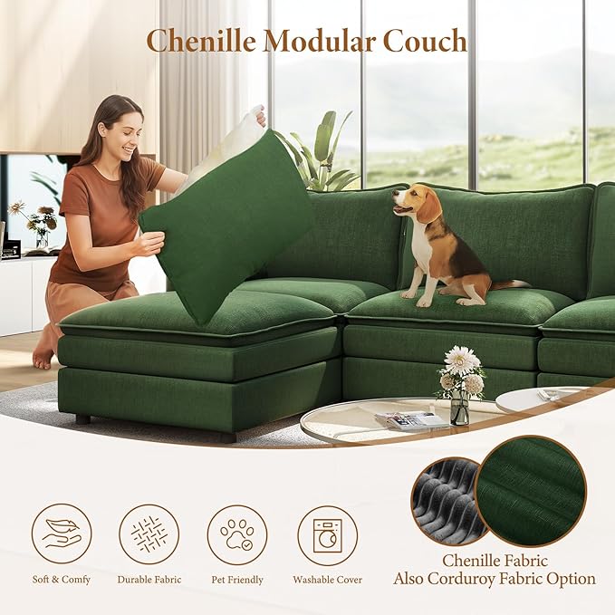 Vesgantti 101" V-Shaped Corner Couch Sectional, 7 Seat Customizable Modular Cloud Couches with Movable Ottoman, Chenille Deep Seat Sofa Set with Chaise for Living Room, Bedroom and Apartment, Green