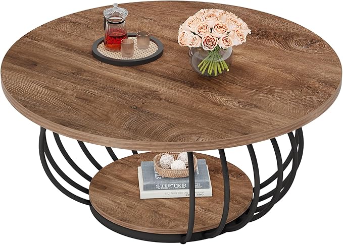Tribesigns Round Coffee Table for Living Room, 39.4" Industrial Wooden 2-Tier Circle Accent Center Cocktail Table with Storage Shelf and Metal Frame, Rustic Brown & Black