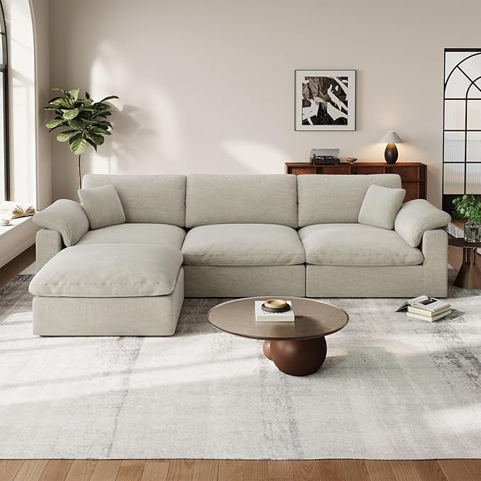 Cloud Modular Couch for Living Room,L Shape Linen Blend Sofas,Modern Deep Seat Cloud Sofas,Convertible Comfort Down Filled Sectional Couches,Removable Washable Cushion Covers,Light Biege
