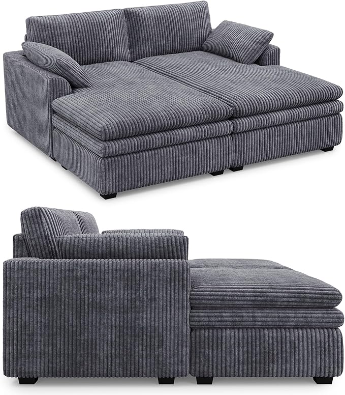 Belffin Large Modular Sectional Sofa with Deep Chaise, 73.6" Corduroy L Shaped Couch with 9" Soft Dual-Layer Seats Cushion for Living Room, Apartment, Light Grey