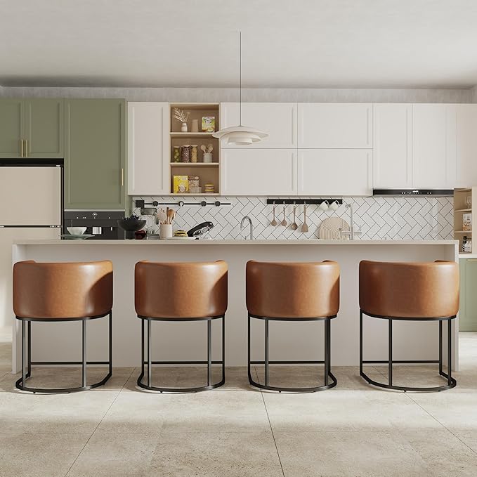 PU Leather Bar Stools, Modern Upholstered Counter Height Bar stools 24" Leather Barstools Barrel Kitchen Counter Island Stools with Black Metal Base, Brown