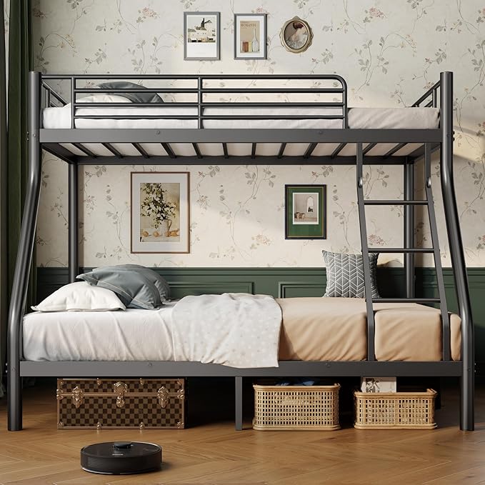 Bunk Beds Twin Over Full Size, Heavy Duty Bunk Beds with Bottom Space & Guardrail Metal Bunk Bed Frame for Adults Dorm Bedroom Guest Room, No Box Spring Needed(Upgrate Black)