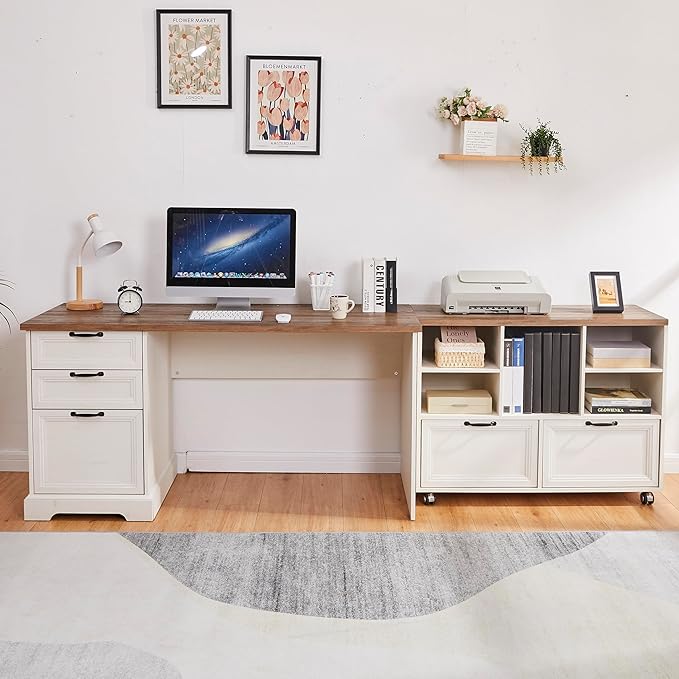 60" L-Shaped Executive Desk with 40" File Cabinet,Farmhouse Home Office Desk with Charging Station,Wood Computer Desk Set for Office Work,Home Study