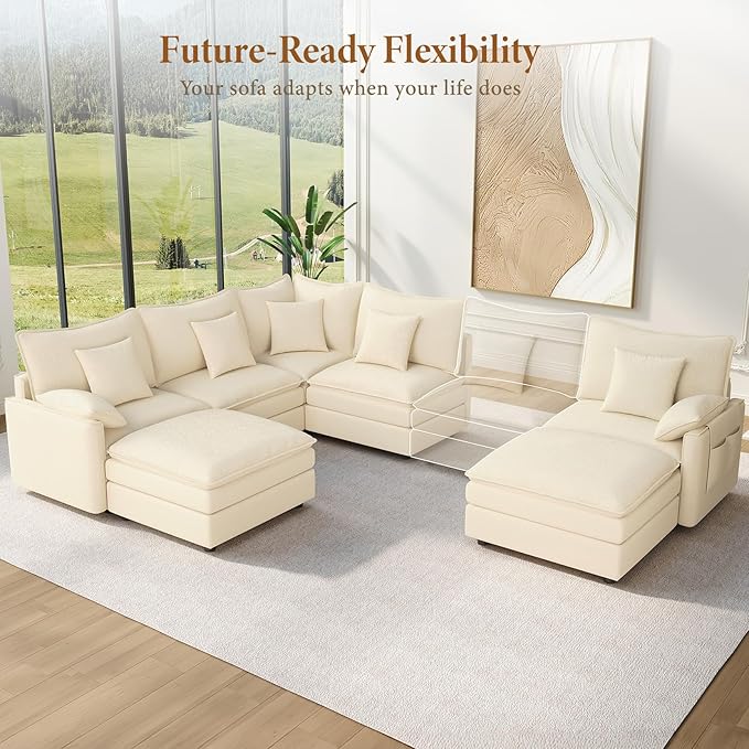 Vesgantti 108" V-Shaped Corner Couch Sectional, 7 Seat Customizable Modular Cloud Couches with Movable Ottoman, Chenille Deep Seat Sofa Set with Chaise for Living Room, Bedroom and Apartment, Beige