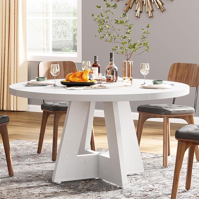 Tribesigns Round Dining Table for 4, 47 inch Farmhouse Circle Kitchen Table with Wooden Pedestal Base for Kitchen, Dining Room, Living Room (White)