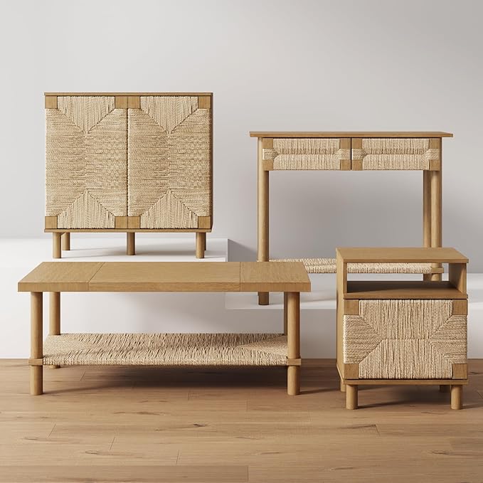 Nathan James Beacon Wood Nightstand, Bohemian Accent Table or Sofa Side Table with Seagrass Door for Bedroom or Living Room, Light Brown, Set of 2