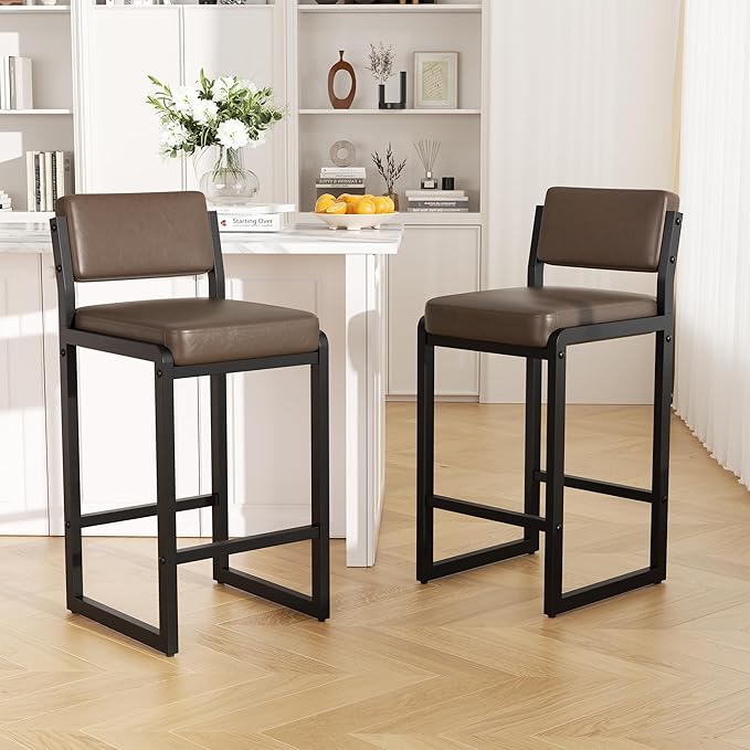 Bar Stools Set of 3, Faux Leather Counter Height Bar Stools with High Back and Metal Legs, Upholstered Bar Chairs, 26" Modern Barstools for Kitchen Island, Dark Brown