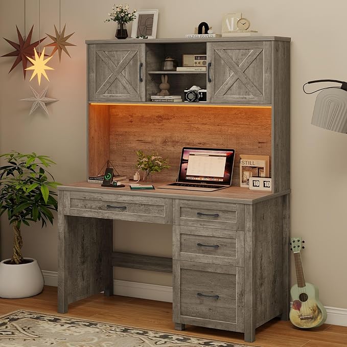 Farmhouse 67" H Executive Desk with Hutch,Office Desk with 4 Drawers and LED light, Wood Workstation for Home Office and Study, Computer Desk with Storage Cabinet,File Drawers, Charging Station.Gray