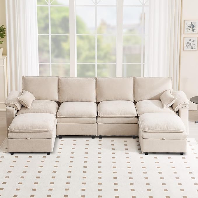 130" U Shaped Modular Sectional Sofa, Couch with Ottoman Storage, Chenille Cloud Couch with Plush Deep Seating for Living Room, Bedroom (7 Seat, Beige)