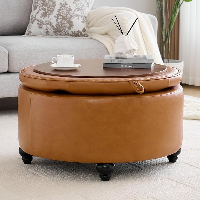 30Inch Round Storage Ottoman with Tray, Modern Tufted Leather Circle Coffee Table with Storage, Upholstered Ottoman with Removable Top for Living Room, Bedroom, Leather Brown