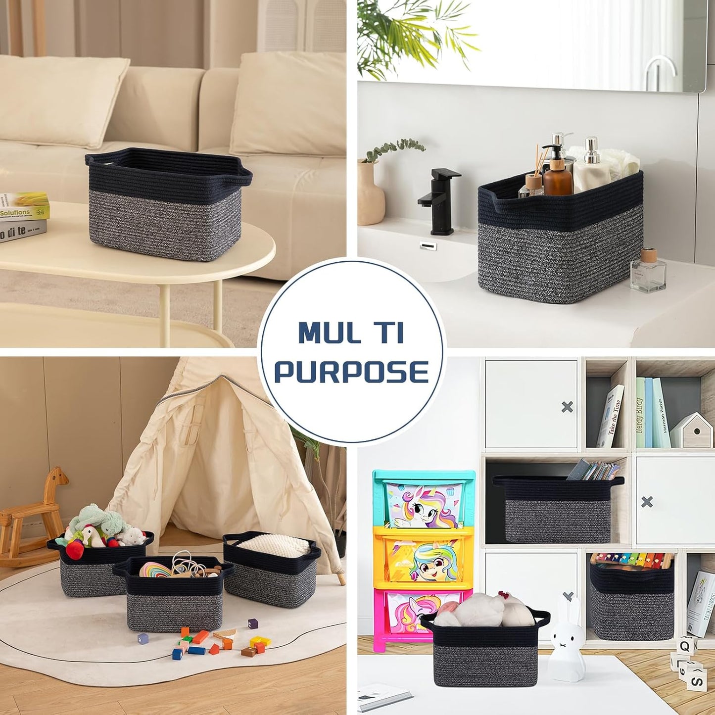 Storage Basket for Organizing, Woven Baskets for Storage, Rectangle Decorative Baskets for Shleves, Closet, Toys, Books, Nursery Organizer Bins - Pack of 3 (Blue & Black)