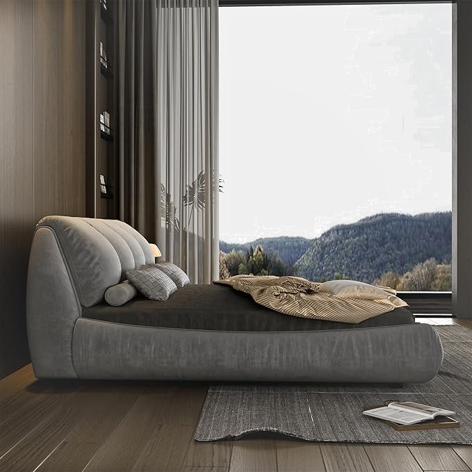 King Size Upholstered Platform Bed with Oversized Padded Backrest and Solid Wood Frame for Bedroom, Apartment Room, Gray