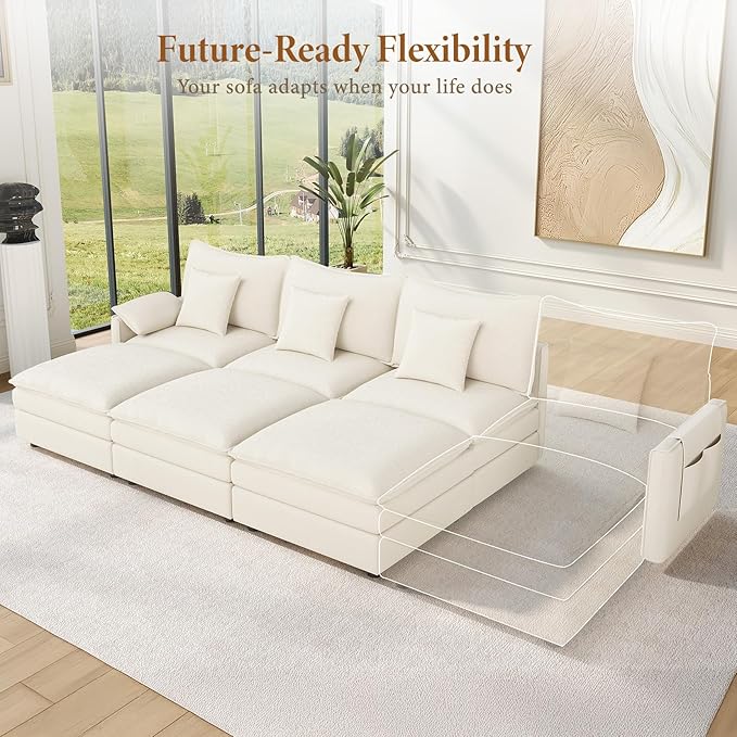 Vesgantti 108" Sectional Sleeper Sofa, 6-Seater Oversized Modular Cloud Couch with Movable Ottoman, Chenille Large Sofa Bed Convertible Deep Seat Couches for Living Room, Bedroom and Apartment, White