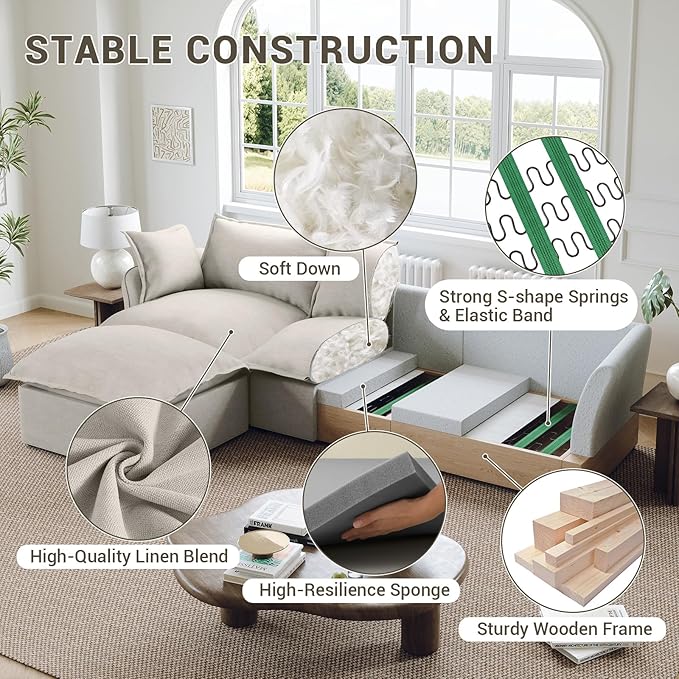 Oversized Cloud Modular Sectional Sofa, Comfy Down Filled Cloud Couch with Removable Cover, Deep Seat Armchair, Single Sofa Chair, Sectional Couches for Living Room, Light Gray