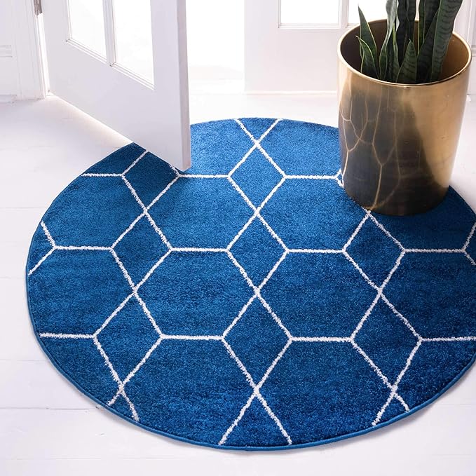 Unique Loom Trellis Frieze Collection Area Rug - Geometric (4' 1" Round, Navy Blue/ Ivory)