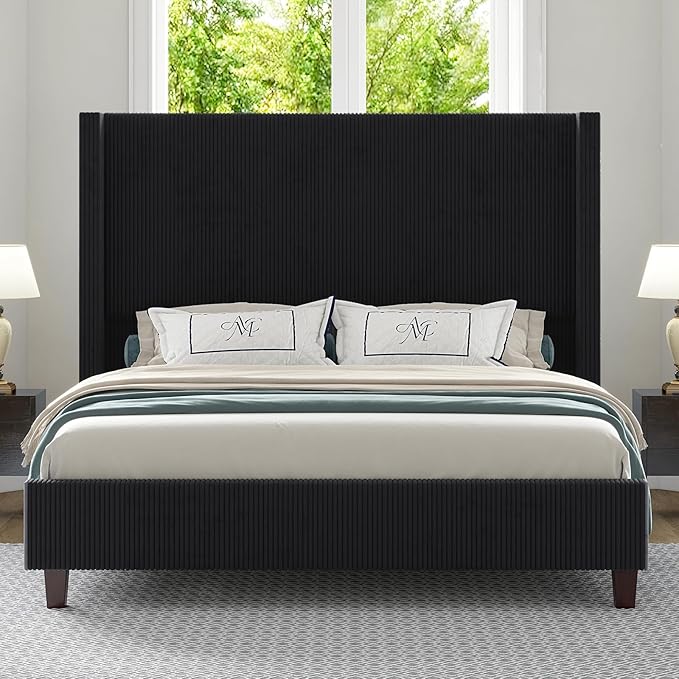 HOWE King Size 61" Corduroy Upholstered Bed Frame, Platform Bed with Vertical Stripe Wingback Headboard, No Box Spring Needed/Noise Free/Solid Wood Slats & Legs/Black