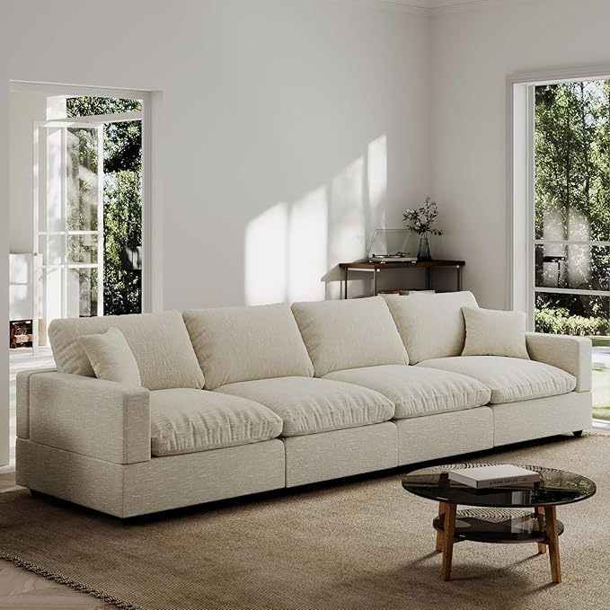 Modern Sectional Linen Couch for Living Room,4 Seat Modular Cloud Sofas,Detachable Couch Cushion Covers,Cozy Feather Down Sofa for Apartment Beige