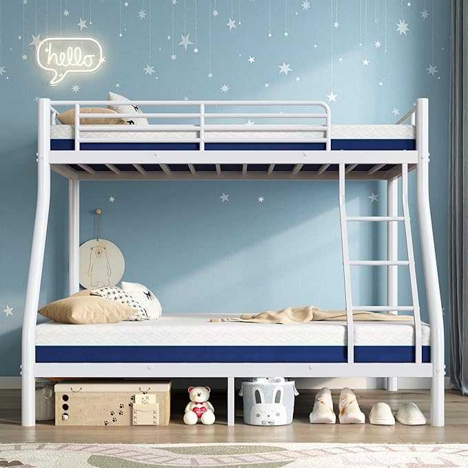 Bunk Beds Twin Over Full Size with 6" Mattresses Included, All-in-One Bunk Bed for Kids/Adults, Heavy Duty Sturdy Frame with Ladder Guardrail, With Memory Foam Mattress, Easy Assembly(White)