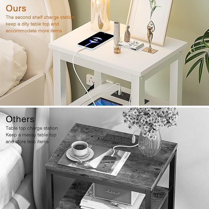 VECELO Modern Nightstands with Charging Station,Side End Table Night Stand with Storage Shelf for Small Spaces, Bedroom,Living Room