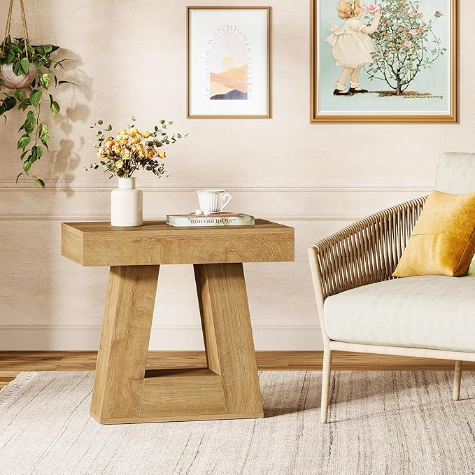 Tribesigns 24" Modern Side Table, 2-Tier Narrow Wooden End Table with Trapezoid Base, Farmhouse Small Nightstand for Living Room, Bedroom (2, Natural Wood Color)