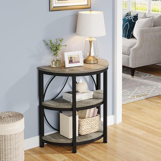 Tribesigns Half Round End Table for Living Room, 3-Tier Half Side Table with Metal Frame, Industrial Half Moon Table with Storage Shelves, Half Circle Accent Table for Entryway, Bedroom, Grey