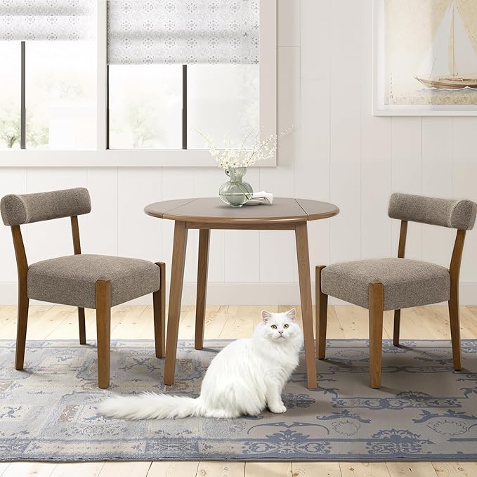 Modern Dining Chairs Set of 4, Walnut Upholstered Kitchen & Dining Room Chairs, Mid Century Wooden Dining Chairs Oversized Sturdy Fabric Rounded Chairs Curved Back, Tan Brown