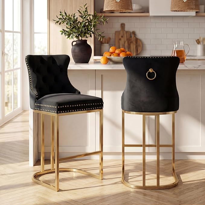 Counter Height Bar Stools Set of 2 for Kitchen Island, Modern Bar Stools with Backs, 26 Inch Barstools with Upholstered Velvet Seat and Metal Frame, Black