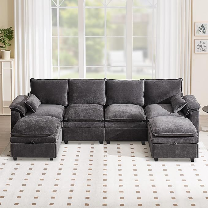 130" U Shaped Modular Sectional Sofa, Couch with Ottoman Storage, Chenille Cloud Couch with Plush Deep Seating for Living Room, Bedroom (6 Seat, Grey)
