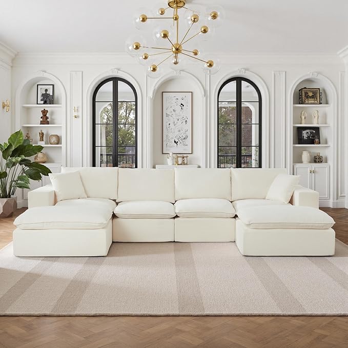 108" Sectional Couches for Living Room Boneless Couch Upholstered Cloud Couch Sectional Modular Sectional Sofa with L Shaped (Chenille-White, 4 Seat+2 Ottoman)