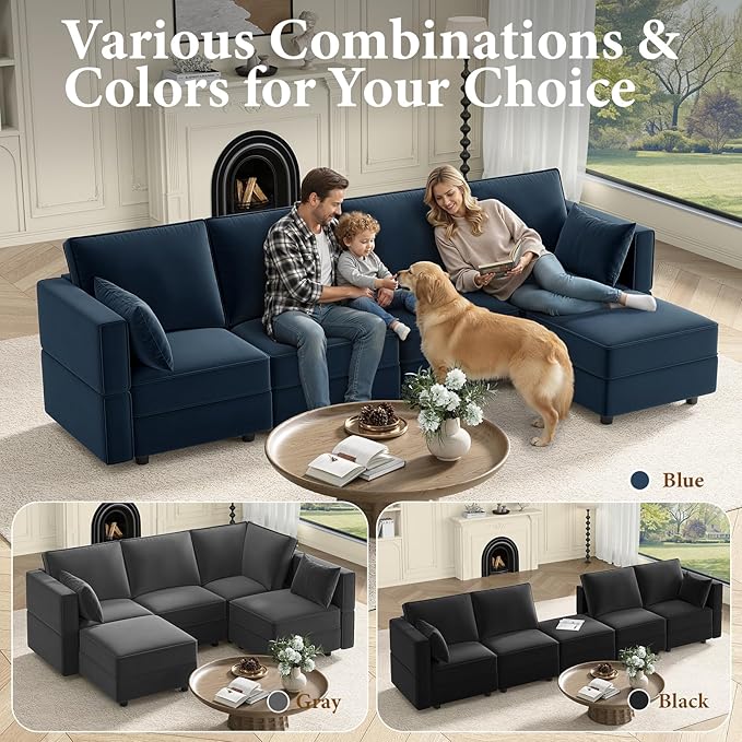 Vesgantti Sectional Couches with Storage Seats, 118" L Shaped Convertible Modular Sectional Sofa, 4 Seat & 1 Ottoman Velvet Storage Chaises Deep Seat Couch for Living Room, Bedroom, Apartment, Blue