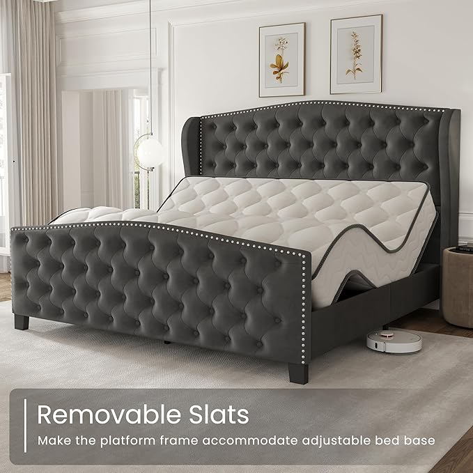 LARMACE Queen Size Bed Frame Velvet Upholstered Platform Bed with Wingback Headboard & Footbaord, Deep Button Tufted Bed Frame with Wood Slats Support, No Box Spring Needed, Grey