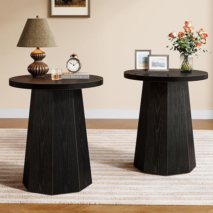 Tribesigns Farmhouse Round End Table Set of 2, Wooden Couch Side Table with Octagonal Base, Black Nightstand Pedestal Accent Furniture for Living Room, Bedroom (2)