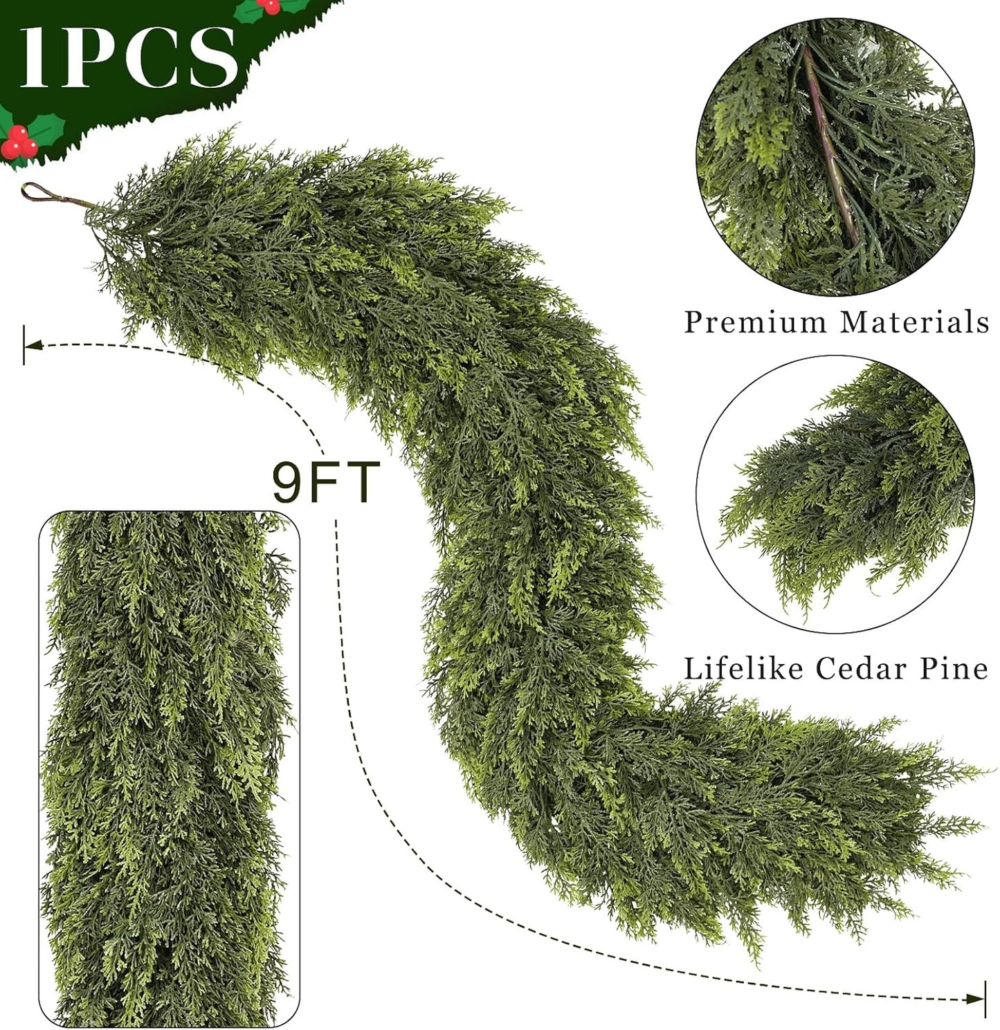 9FT Real Touch Cedar Garland for Fireplace - Artificial Christmas Garlands Realistic Faux Greenery Fake Pine Needles Garland for Holiday,Table, Window,Mantel,Stairs, Home,Indoor Outdoor Decor (1PCS)