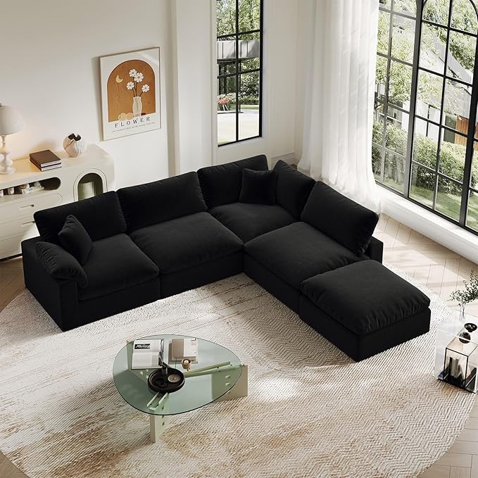 Cloud Modular Sectional Sofa,143" Down Filled Sofa 4 Seat with Chaise,Minimalist Sofa Cover Washable and Replaceable Couches for Living Room,Sectional Sofa Deep Seat Black