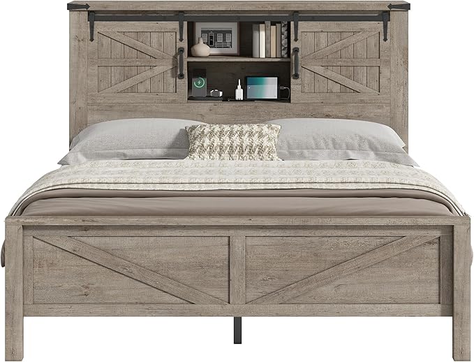 AMERLIFE Farmhouse Queen Bed Frame with Storage Headboard & Charging Station, Rustic Wood Platform Bed with Barn Door Bookcase, No Box Spring Needed, Light Grey Bedroom Furniture