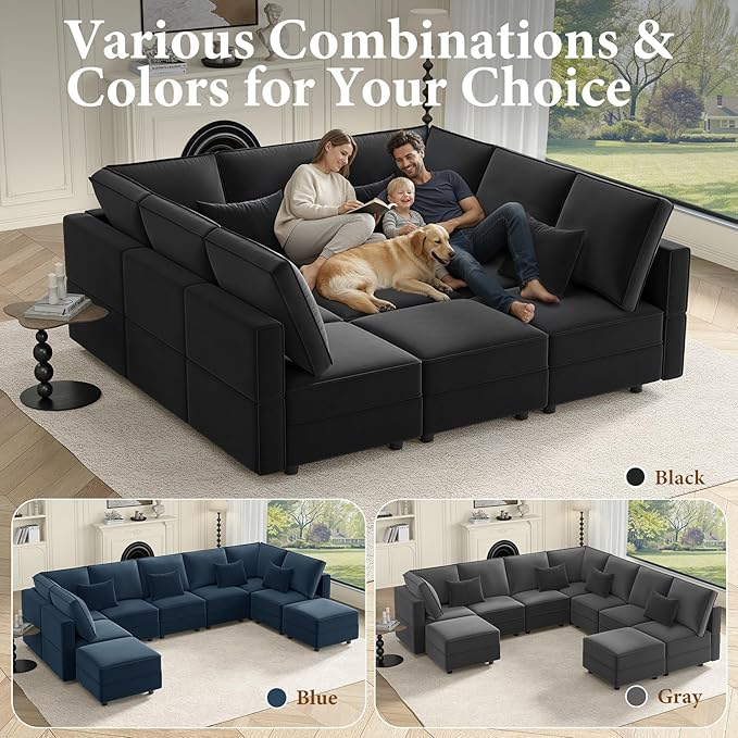 Vesgantti Modular Sofa Bed with Storage, 92" Sleeper Sofas with 9 Seats Storage Chaises Removeble Cover, Luxury Large Velvet Sectional Couch Set for Living Room, Apartment, Home Theatre, Black
