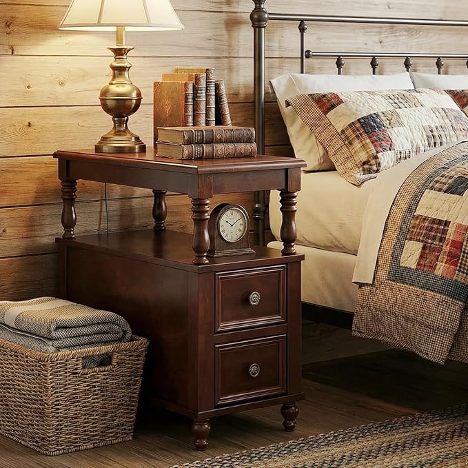 Tribesigns Cherry Finish Wood End Table with 2 Drawers, Mid-Century Wooden Slim Side Table Nightstands with Storage Shelf, Accent Table for Living Room, Easy to Assemble