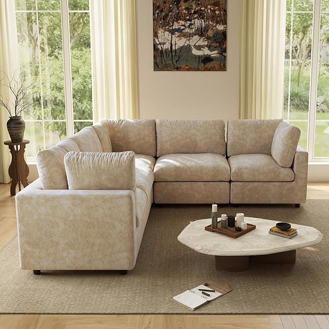WJShome V Shaped Sectional Couch 100 Inch 5-Seater Modern Modular Sofa,Chenille Deep Seat Couches for Living Room, Bedroom and Apartment,Khaki