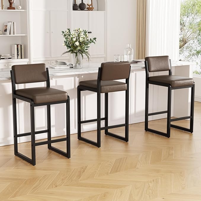 Bar Stools Set of 2, Faux Leather Counter Height Bar Stools with High Back and Metal Legs, Upholstered Bar Chairs, 26" Modern Barstools for Kitchen Island, Dark Brown