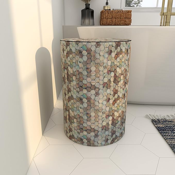 Deco 79 Mother of Pearl Shell Geometric Handmade Side End Accent Table Mosaic End Table, Side Table 14" x 14" x 20", Multi Colored