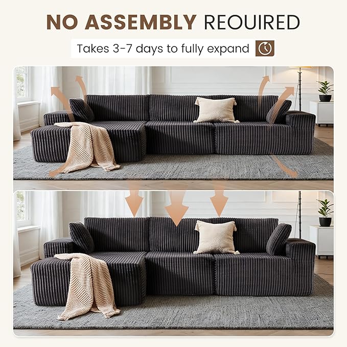 Apicizon 113" Sectional Sofa Couch for Living Room, 3 Seat Boneless Sofa with Chaise Longue, L-Shape Modular Sectional Couches with Deep Seat for Apartment,No Assembly Required (Stripe Corduroy Gray)