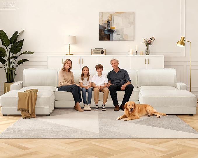 Sunny Heart 160" U-Shaped Modular Sectional Sofa, Oversized Cloud Couch with Movable Ottoman, 6-Seat Chenille Deep Seat Sofa with Pillow, Sectional Couches for Living Room, Apartment, Beige