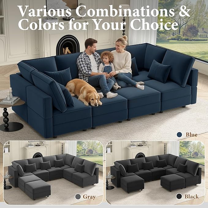 Vesgantti Sectional Sleeper Sofas with Storage, 118" Sofa Bed with 8 Seats Storage Chaises Removeble Cover, Deep Seat Modular Couches Velvet Couch Set for Living Room, Apartment, Home Theatre, Blue