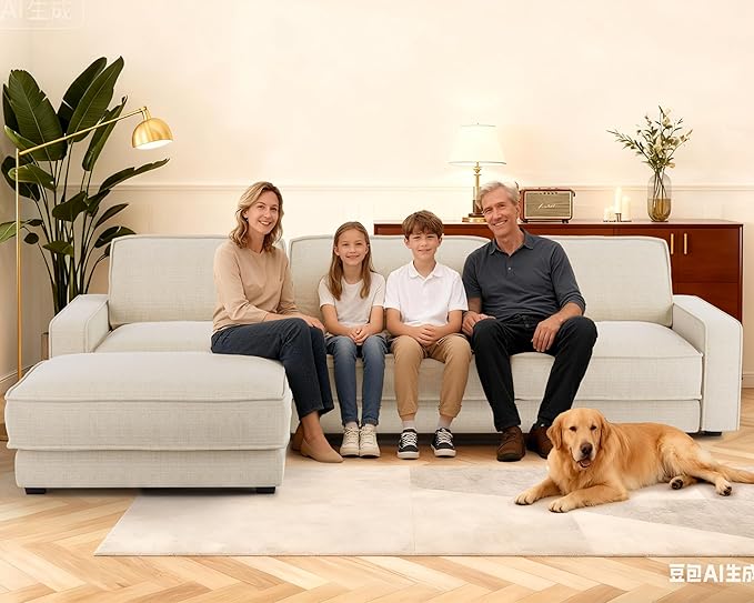 Sunny Heart 120" L-Shaped Modular Sectional Sofa, Oversized Cloud Couch with Movable Ottoman, 4-Seat Chenille Deep Seat Sofa with Pillow, Sectional Couches for Living Room, Apartment, Beige