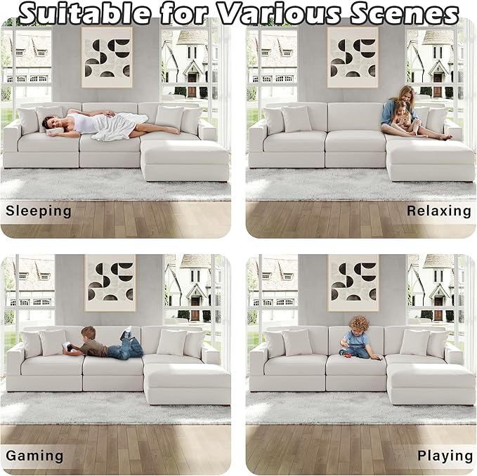 Modular Sectional Couches for Living Room, 118" Modern Upholstered Sofa Couche with Ottoman for Living Room Bedroom, Beige