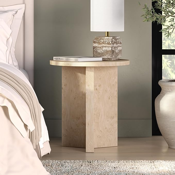 Henn&Hart 20" Scandinavian Round Wooden End Table, Side Table, Nightstand with X-Base for Living Room, Office, Family Room, or Bedroom, Blond Burl