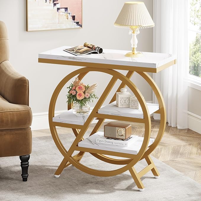 Tribesigns End Table Set of 2, Modern Faux Marble Side Table for Living Room, 3 Tier Narrow Sofa Side Table with Storage and Metal Frame, Nightstand and Bedside Table for Bedroom, Gold & White