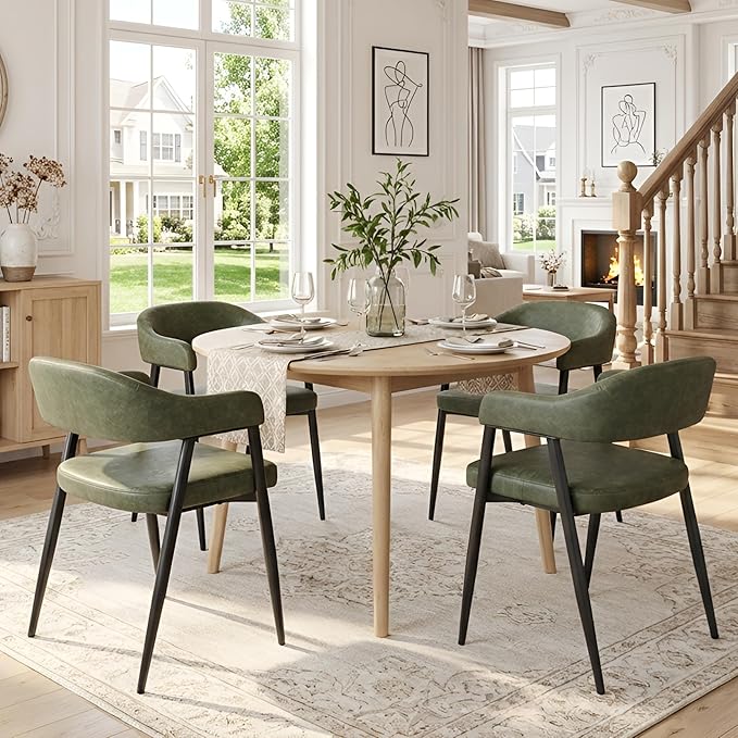 HNY Modern Dining Room Arm Chairs Set of 4, Green Retro Faux Leather Upholstered Barrel Dining Chairs with Arms Mid-Century Accent Chair with Metal Legs, Open-Back Kitchen Side Chairs for Living Room